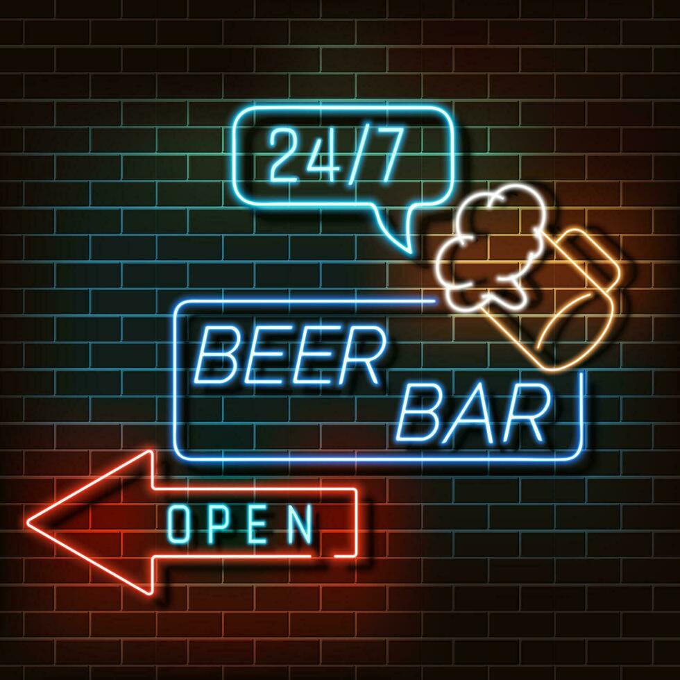 bier bar neon licht banier Aan een steen muur. blauw en oranje teken. decoratief realistisch retro element voor web ontwerp vector