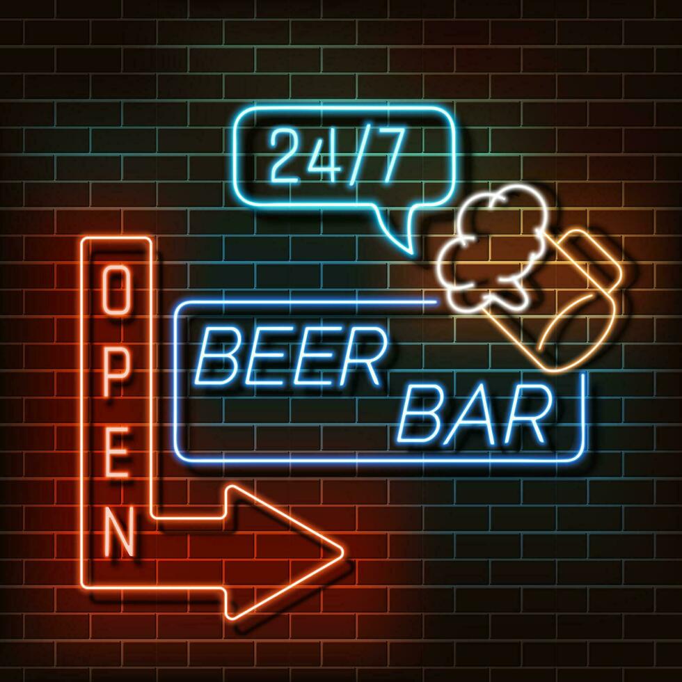 bier bar neon licht banier Aan een steen muur. blauw en oranje teken. decoratief realistisch retro element voor web ontwerp vector