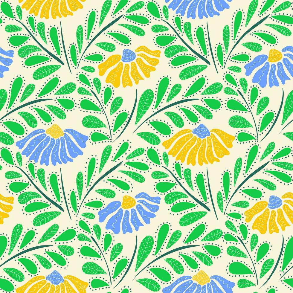 naadloos patroon met kleurrijk retro groovy geel en blauw madeliefjes. zomer getextureerde abstract bloemen ontwerp in naief kunst stijl vector