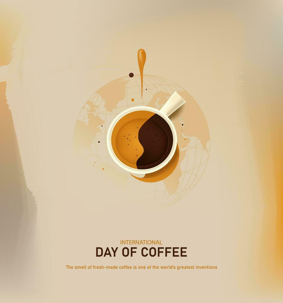 Internationale koffie dag vector illustratie. Kenmerken een kop van koffie, en wereld kaart achtergrond