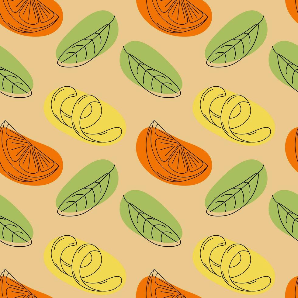 eindeloos patroon van abstract afbeeldingen van citroen animo, oranje plak en groen blad met abstract vlekken vector