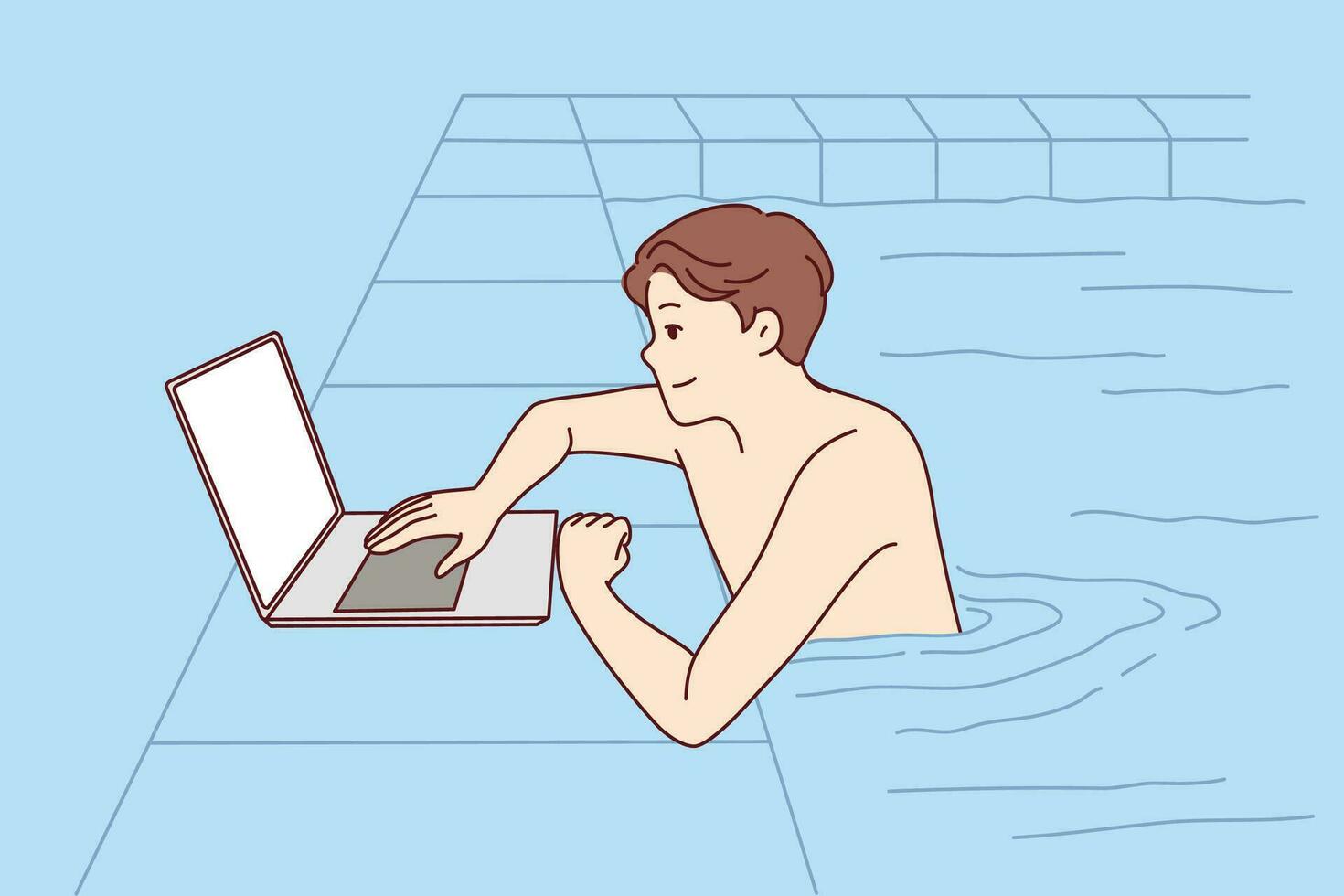 Mens zwemt in zwembad en toepassingen laptop naar Doen freelance werk terwijl op reis of ontspannend. single vent geniet vakantie en zwemt in zwembad aan het kijken groei van investering inkomen door computer vector