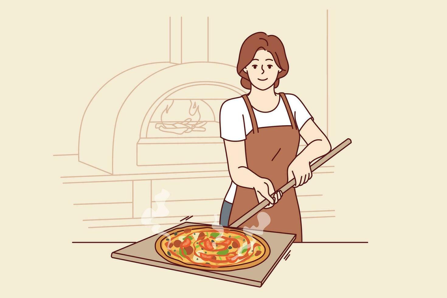 vrouw is voorbereidingen treffen pizza en Holding Schep naar nemen uit schotel van steen oven voor Koken Italiaans voedsel. pizzeria chef in schort demonstreren heerlijk margherita of peperoni pizza met gesmolten kaas vector