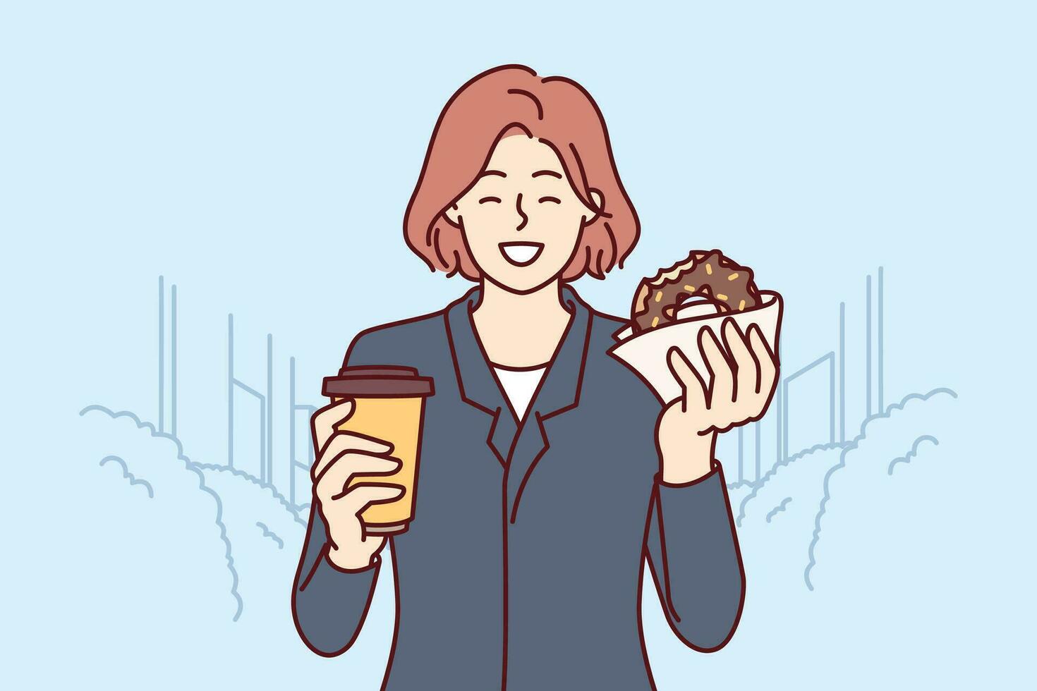 bedrijf vrouw hebben ontbijt donut en drinken koffie staand Aan stad straat en genieten van toetje Aan manier naar werk. gelukkig meisje aan het eten ontbijt Aan Gaan buying meenemen voedsel Bij bakkerij vector