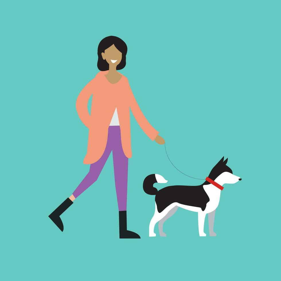 zwart vrouw wandelen de hond in de park. buitenshuis werkzaamheid concept. vector illustratie.