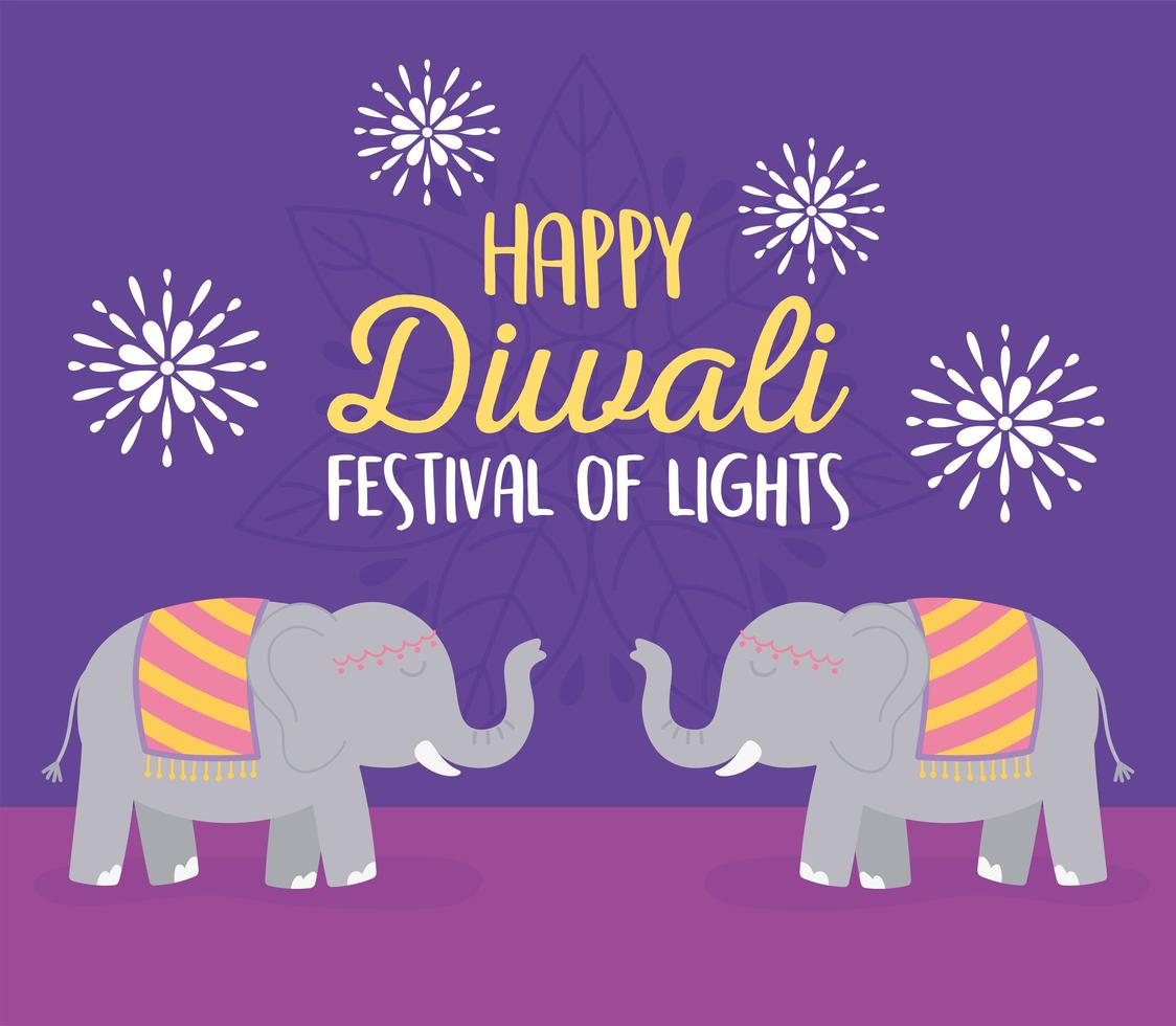 gelukkig diwali festival, uitnodigingskaart olifanten bloemen ceremonie, vector design