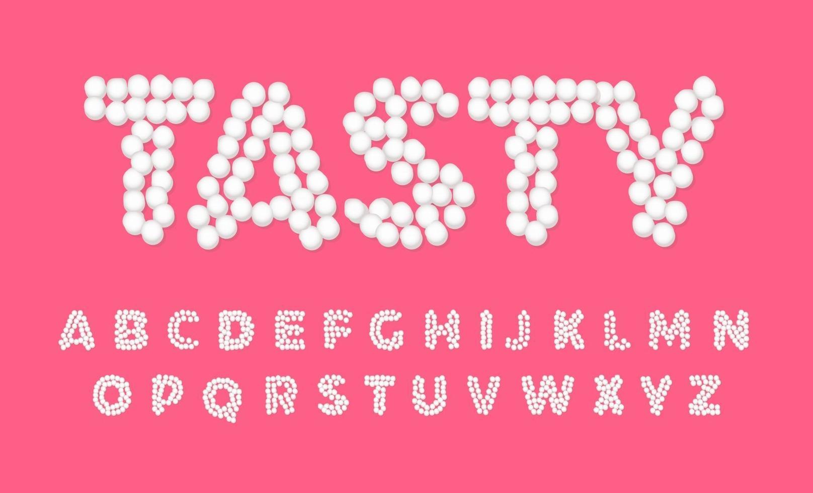 marshmallow letters, zoet, lekker en schattig lettertype, witte letters van stippen op roze kleur achtergrond, vector typografie voor vakantie.