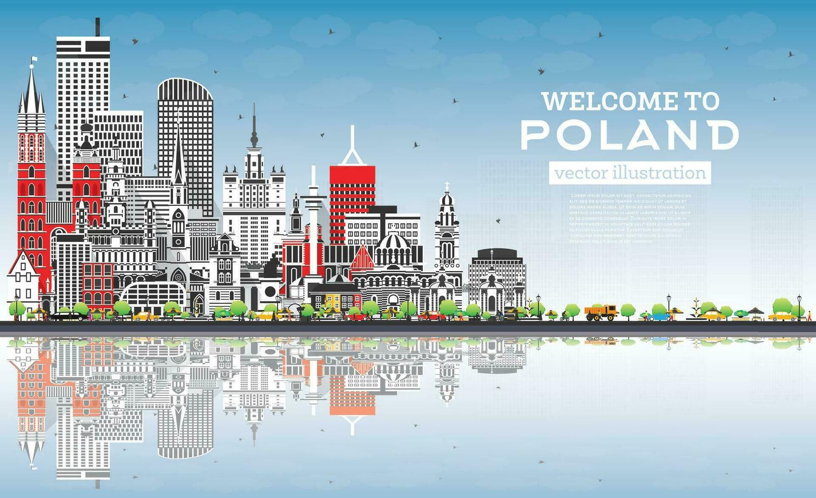 Polen stad horizon met grijs gebouwen, blauw lucht en reflecties. vector