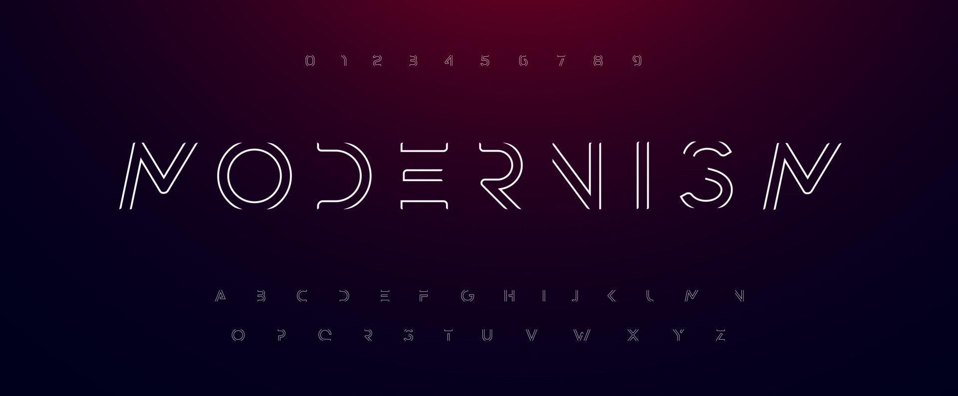 modernisme alfabet. schets dunne lijnen lettertype zoals weg, doolhof, frame. futuristisch technotype voor scifi-logo, contourneonkop of hud-monogram. minimale letters en cijfers vector typografisch ontwerp