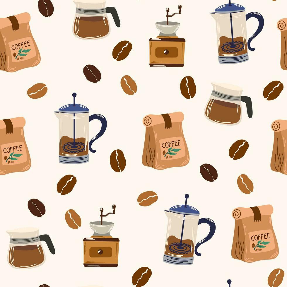 koffie naadloos patroon. specialiteit cafe, verpakking ontwerp elementen, afdrukken. koffie apparaat maker oppervlakte patroon. hand- getrokken vector illustratie