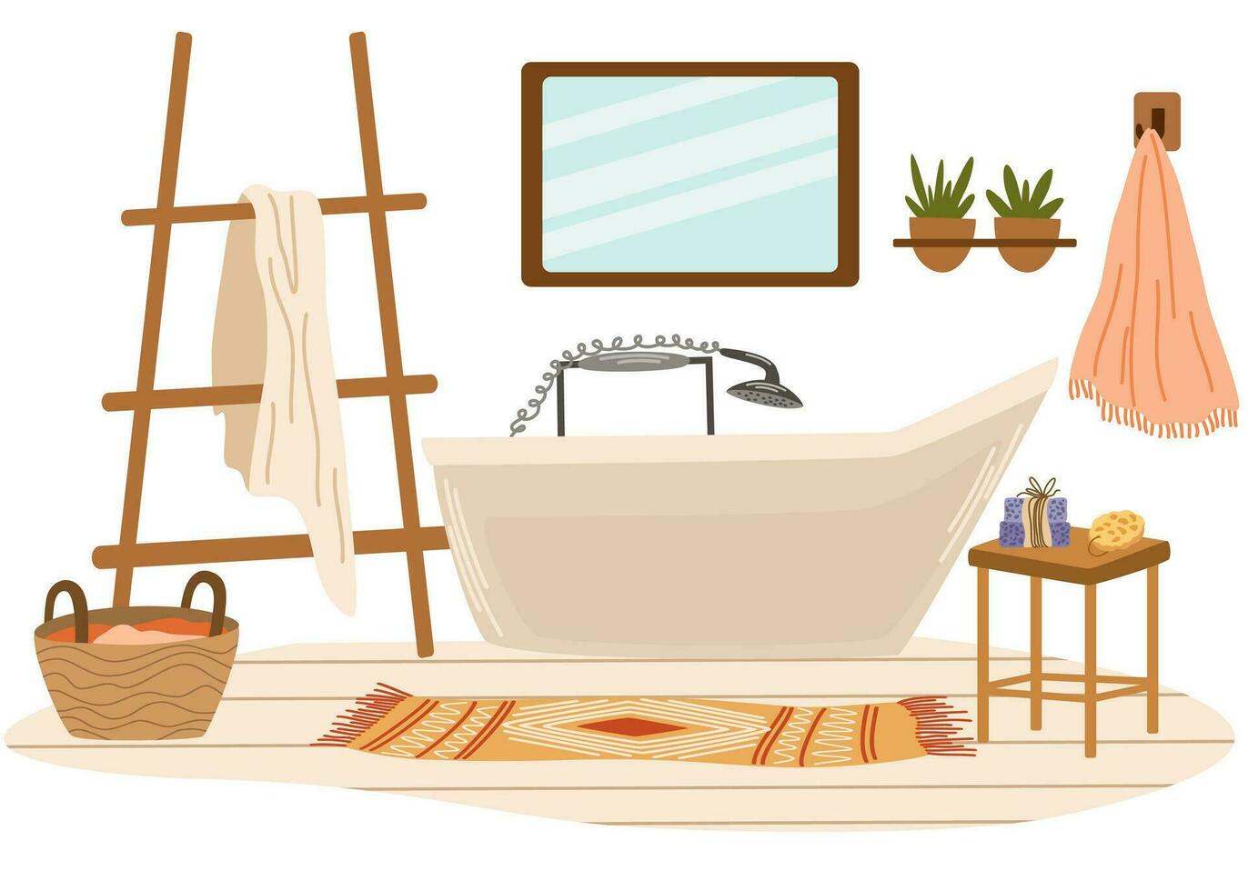 badkamer interieur. bad, handdoek Aan een hanger, tafel met kaarsen en zeep, tapijt, rieten mand met de was, kamerplant. vlak vector illustratie geïsoleerd Aan wit achtergrond