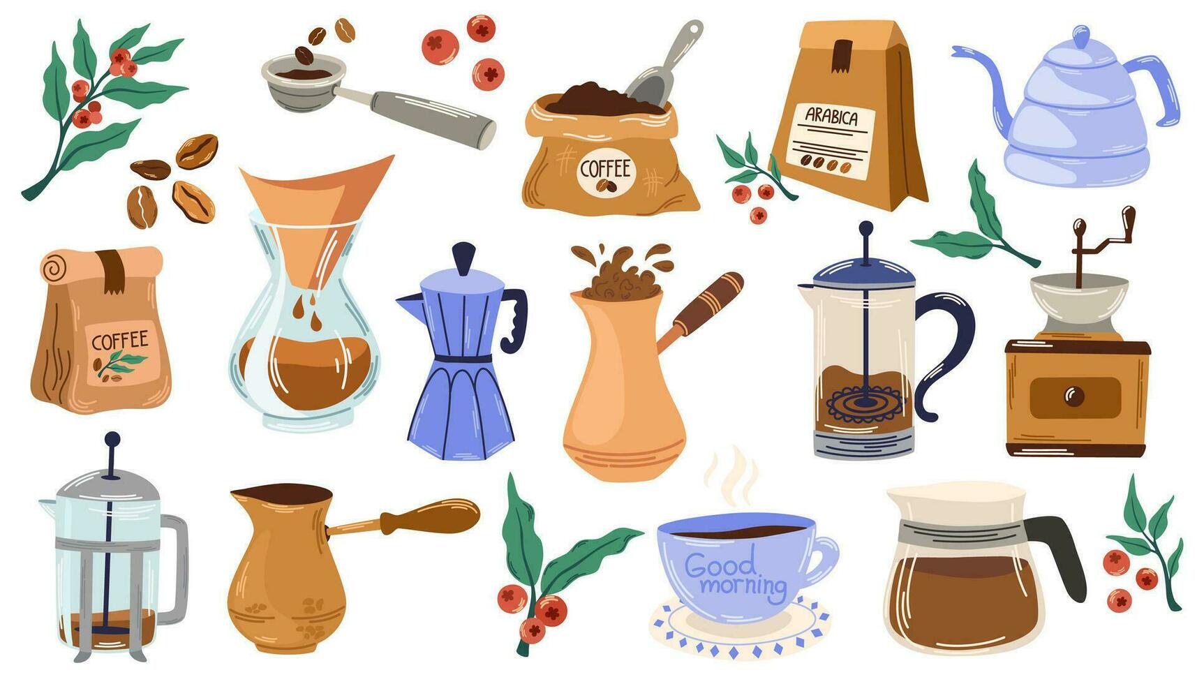 koffie elementen verzameling. koffie brouwen apparatuur, machine, cezve, Frans druk op, Slijper, koffie bessen Aan een tak, kopjes, mokken. verzameling voor menu, cafe, koffie winkel. vector illustratie