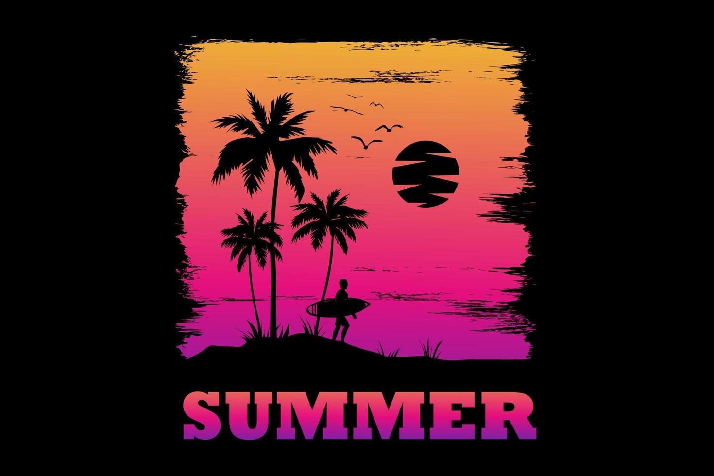 t-shirt zomer surfen zonsondergang mooie lucht retro vintage stijl vector