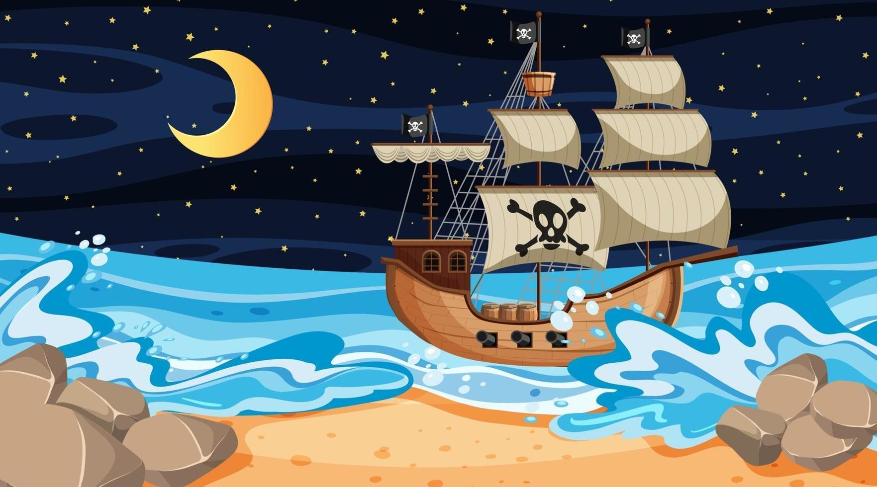 strandscène 's nachts met piratenschip in cartoon-stijl vector