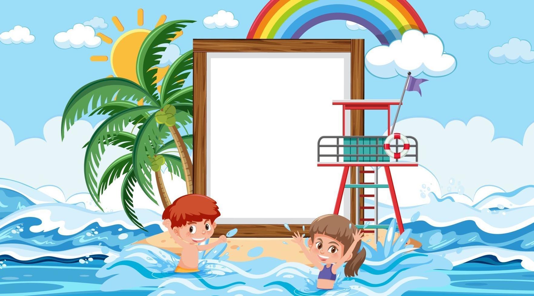 kinderen op vakantie op het strand overdag met een lege bannersjabloon vector