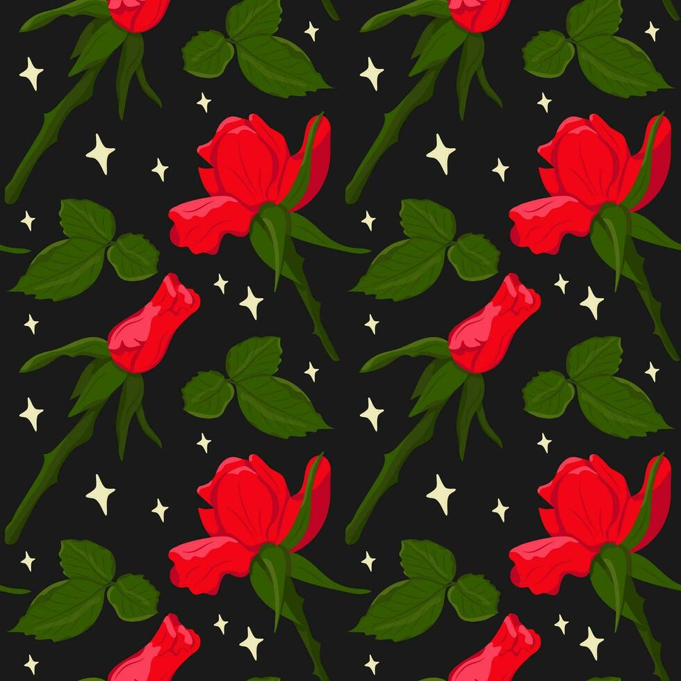 vector vlak rood rozen naadloos patroon met lichten. donker thema. perfect voor omhulsel papier, achtergrond, behang, textiel, banier, scrapbooken, banier