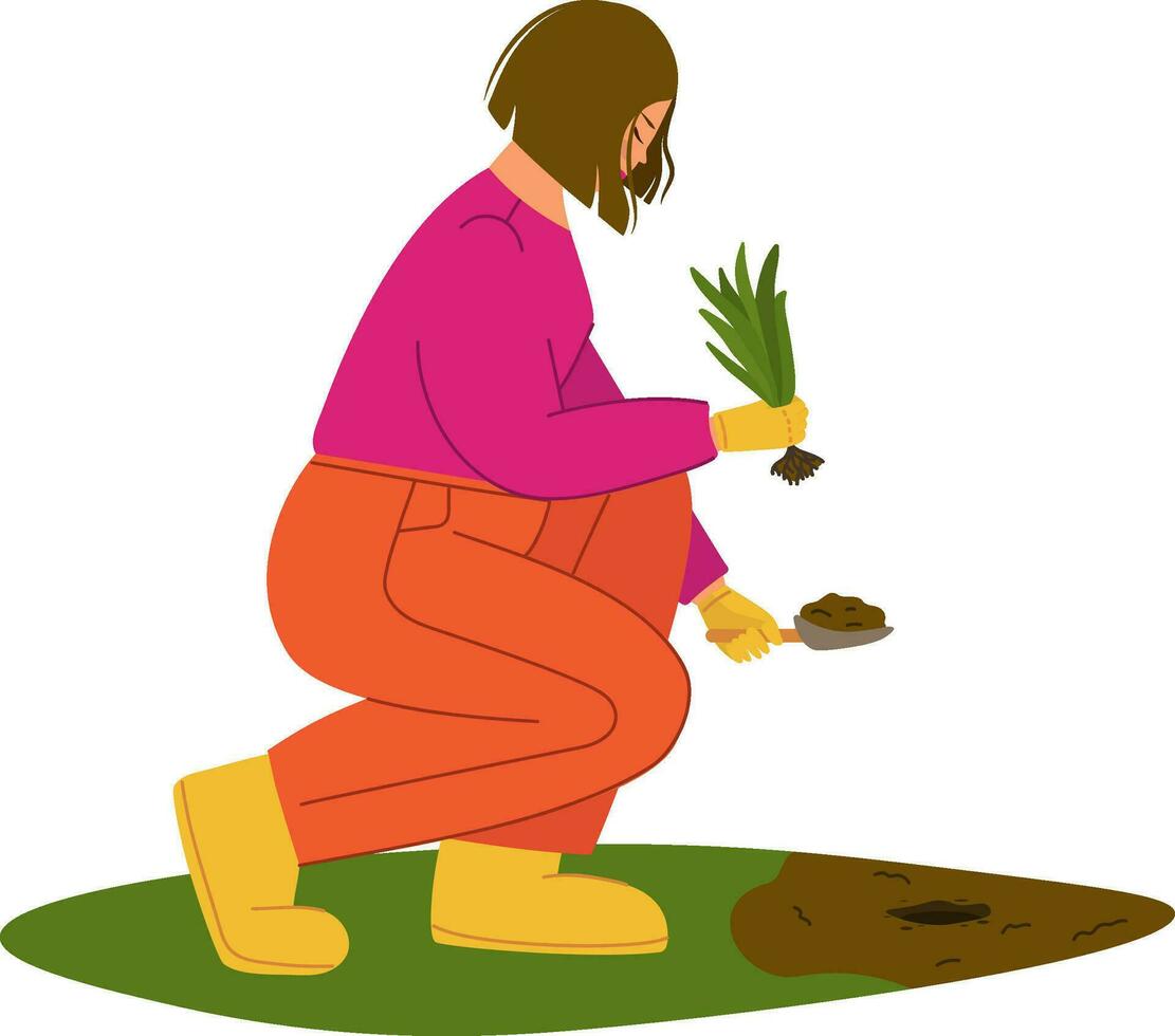 vrouw zit naar beneden aanplant tuinen bloemen, cultiveren planten, landbouw tuinman hobby en tuin baan vector