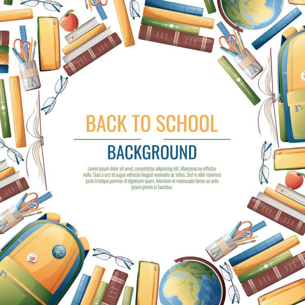 terug naar school- kader ontwerp. poster, ansichtkaart met rugzak, boeken, wereldbol. school, kennis, onderwijs achtergrond met school- benodigdheden vector