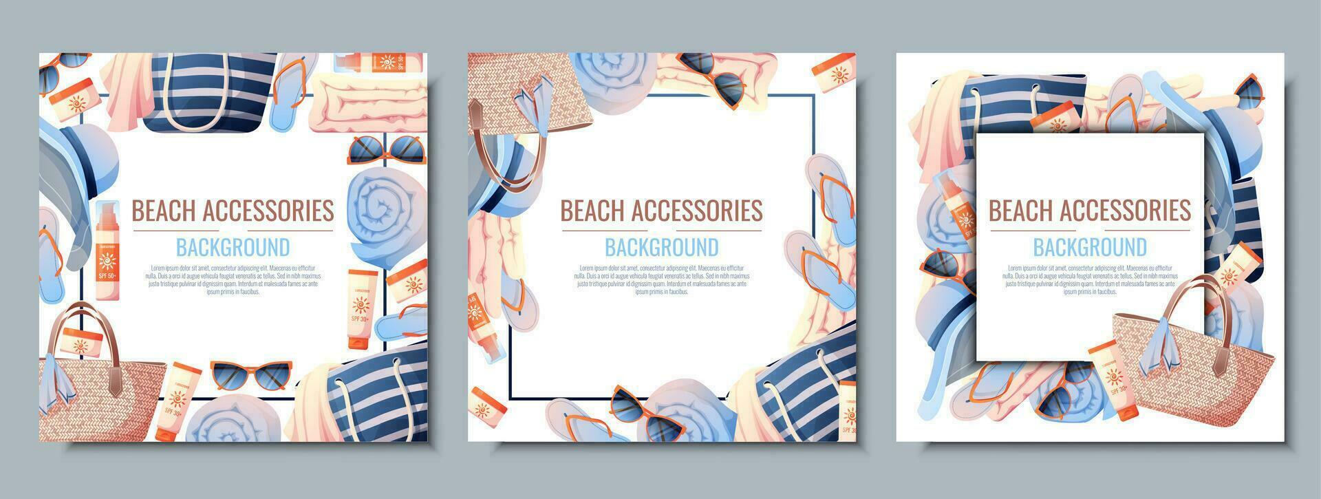 reeks van zomer achtergronden met strand accessoires. strand kader gemaakt van rietje tas, hoed en zonnescherm. strand vakantie, vakantie, zomer tijd, zee uitstraling. poster, folder, kaart voor zomer uitverkoop vector