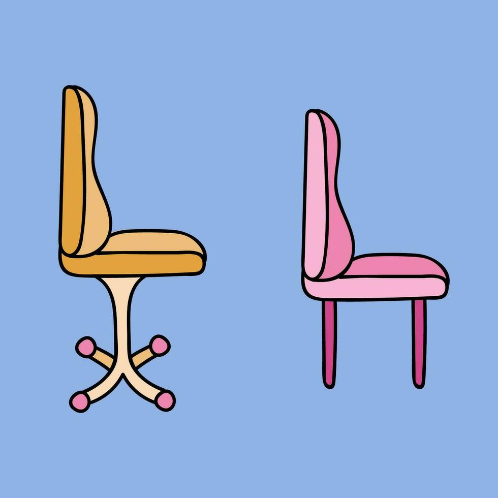 reeks van schattig hand- getrokken tekenfilm kantoor stoelen met comfortabel en zacht rug, wielen en Rechtdoor poten. vector clip art illustratie geïsoleerd Aan achtergrond.