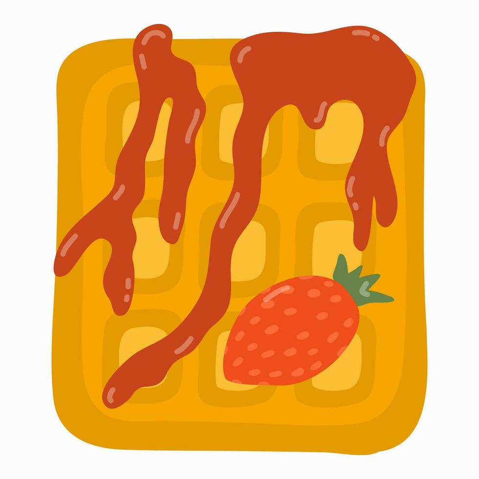 gebakken belgisch wafel met jam en vers aardbei. traditioneel zoet ontbijt met seizoensgebonden fruit. gezond voedsel voor ontbijt. vector clip art illustratie in modieus naief stijl. cafe menu.