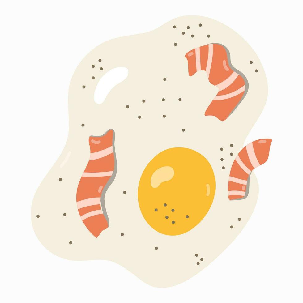 Amerikaans traditioneel ontbijt met populair producten. detailopname heerlijk gebakken ei met spek en peper. vector hand- getrokken clip art geïsoleerd Aan achtergrond. schattig illustratie. concept van maaltijd, voedsel.