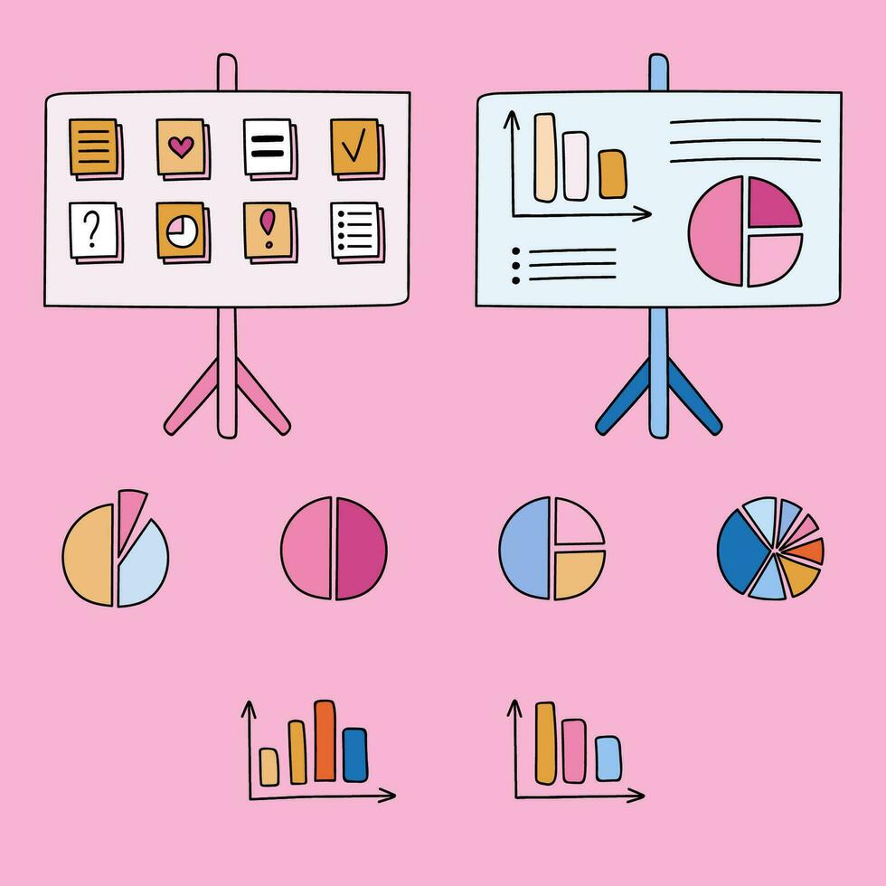 schattig hand- getrokken clip art reeks van grafiek, diagram, flipover. infographic bedrijf element voor presentaties, statistiek, rapporten. vector illustratie geïsoleerd O achtergrond met hand- getrokken tekening schets.