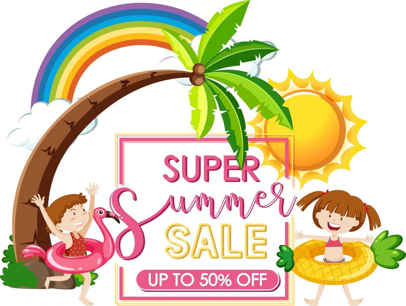 super zomer verkoop banner met kinderen cartoon geïsoleerd vector