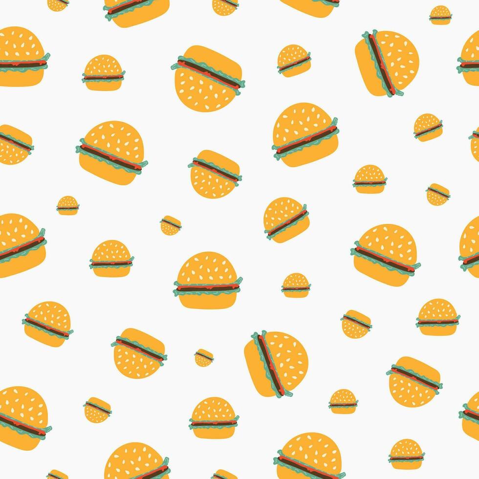 schattig, kleurrijk vector naadloos hand- getrokken patroon met hamburgers in verschillend maat. kan worden gebruikt voor, omhulsel papier, beddengoed, notitieboekje, pakketjes, geschenk papier, snel voedsel menu, restaurant verpakking.