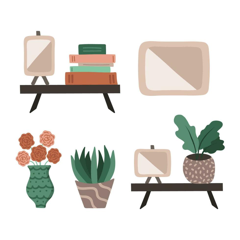 tekenfilm reeks van boekenplank met boeken, planten in de pot of vaas, afbeelding kozijnen. decor voor leven kamer interieur in boho stijl. hand- getrokken vector illustratie in beige, groen kleuren. retro huis binnen.