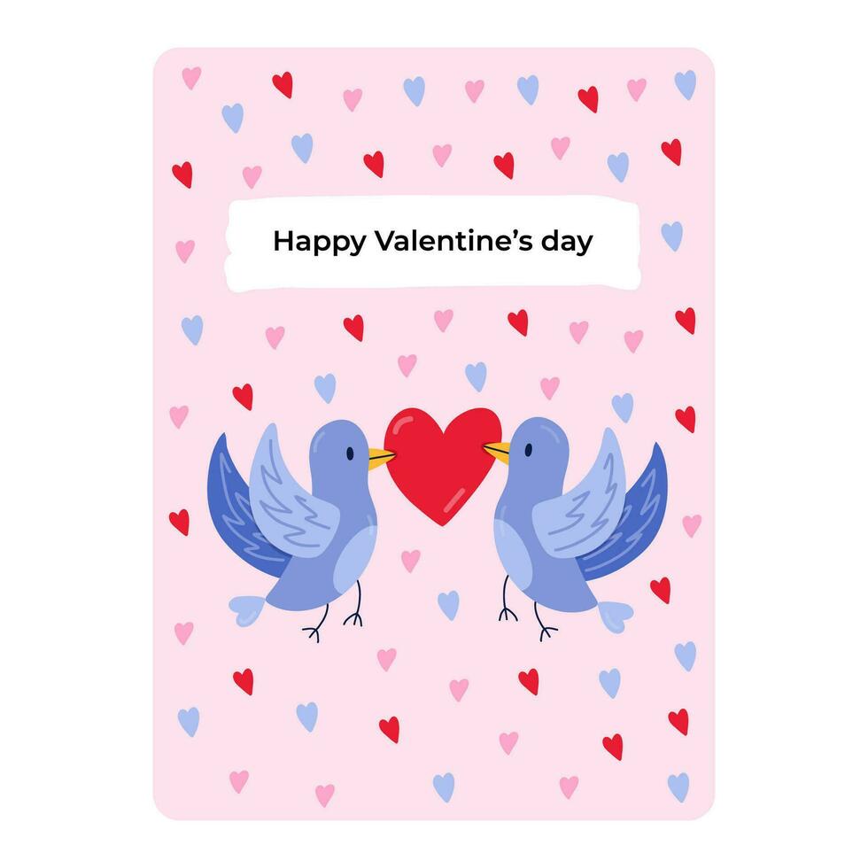 schattig ansichtkaart voor gelukkig Valentijnsdag dag, verjaardag of andere vakantie. poster met felicitatie en vector hand- getrokken illustratie van geliefde vogelstand met hart in de bek. groet kaart sjabloon.