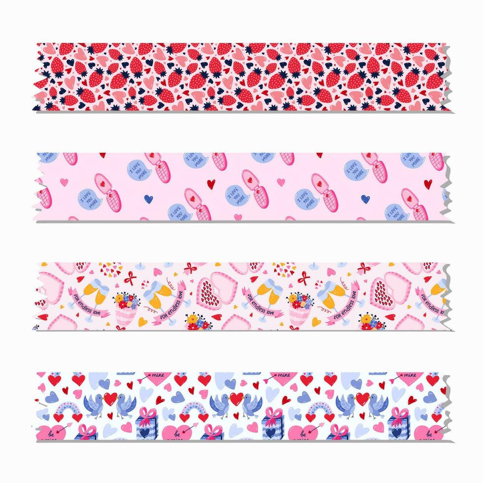 reeks van schattig washi plakband stroken met Valentijnsdag dag patroon over liefde, romantiek. decoratief Scotch plakband met schaduw en haveloos randen. geïsoleerd bewerkbare vector. voor plakboek, planner, notitieboekje, ambacht. vector