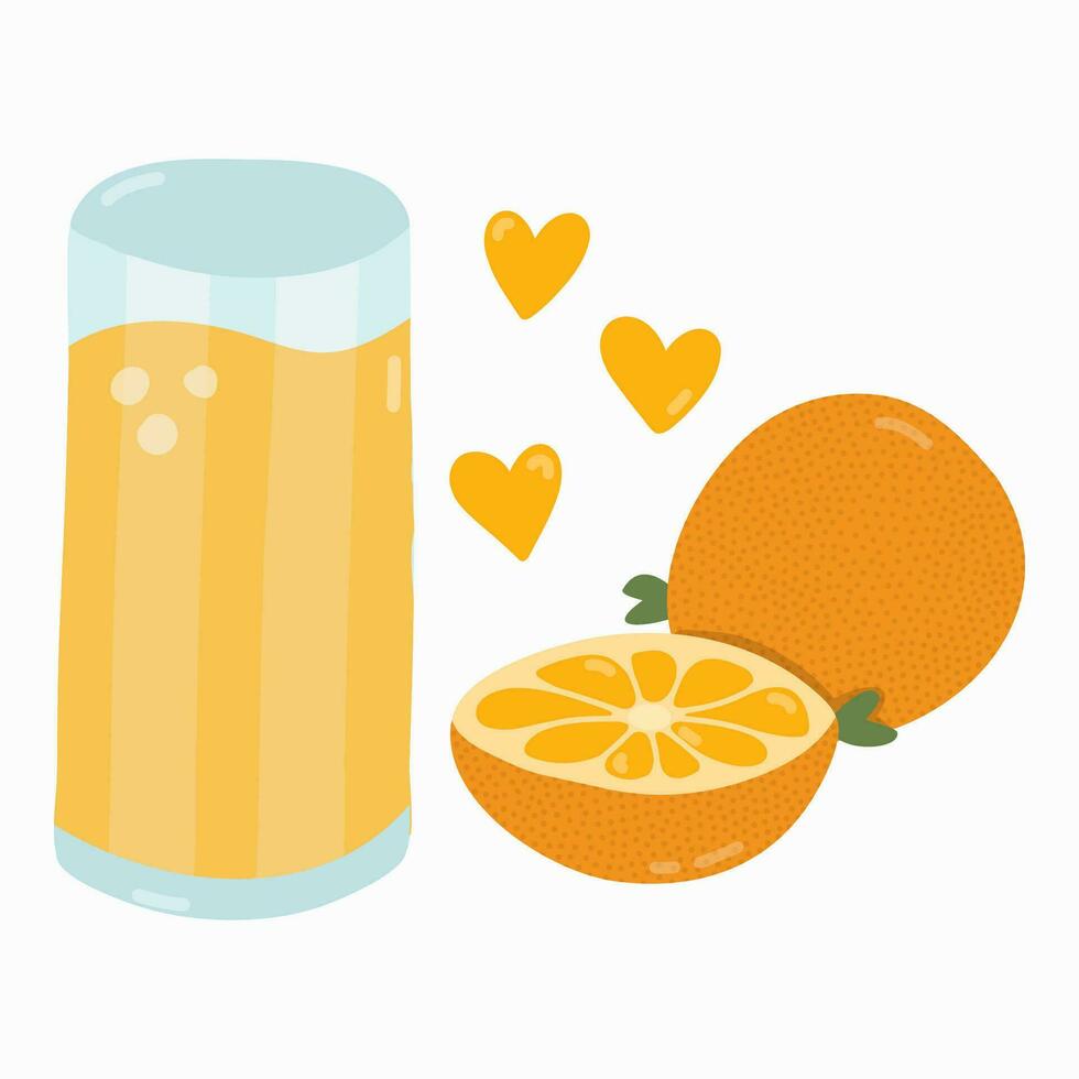 vers geperst oranje sap met voor de helft van oranje. drank voor ontbijt. vegetarisch, gezond drankje. populair producten. vector hand- getrokken clip art in modieus naief stijl. schattig illustratie geïsoleerd.