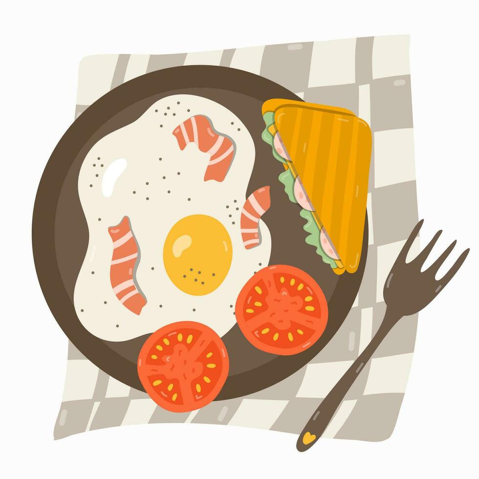 schattig ontbijt flatlay met een bord en vork Aan een geruit handdoek met gebakken ei met spek, plakjes van tomaat, belegd broodje met ham, geroosterd brood, kaas, salade. top visie ontbijt concept. hand- getrokken vector. vector