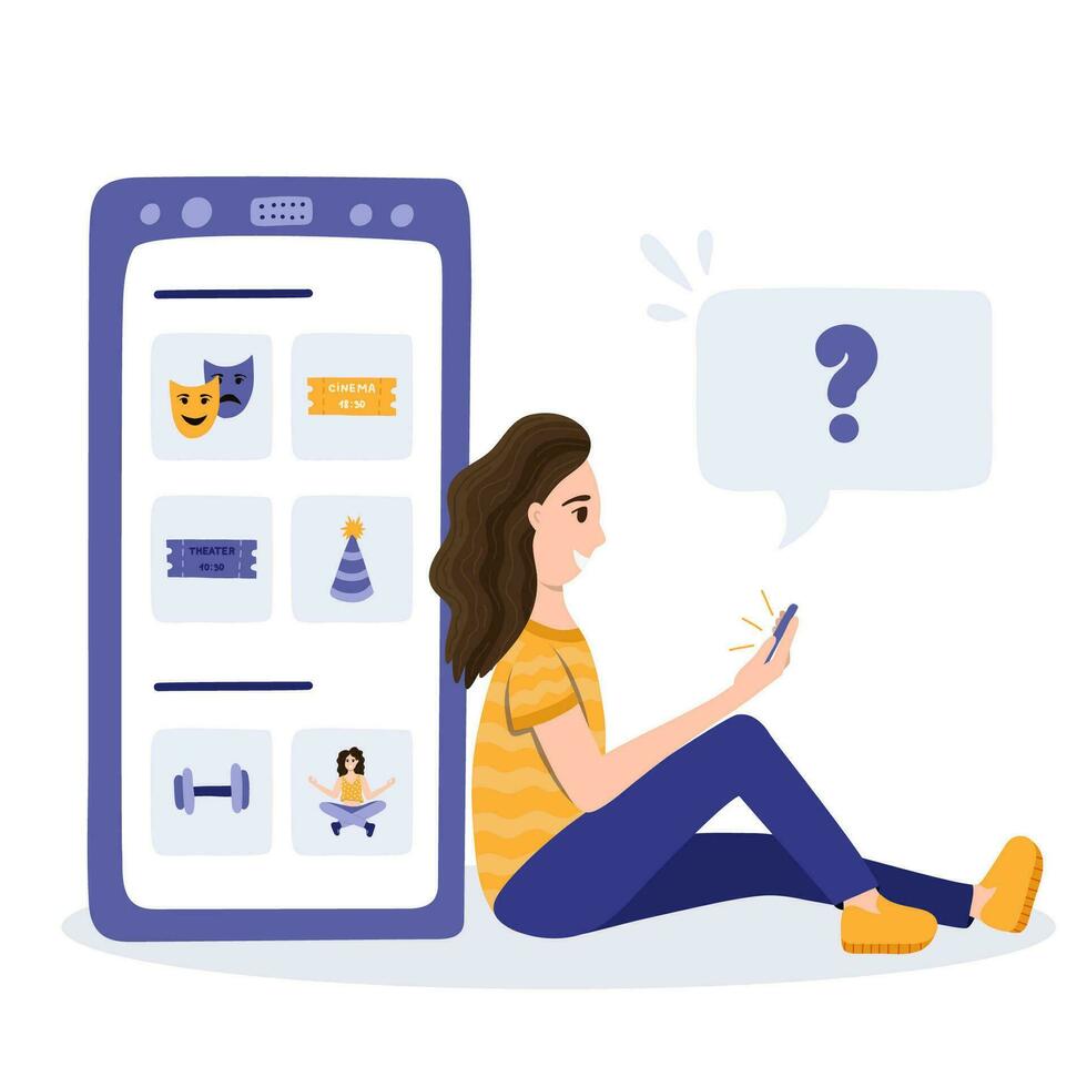 gelukkig jong vrouw zittend leunend Aan groot telefoon en kiezen recreatie voor avond in mobiel app. online toepassing met theater kaartjes, bioscoop schema, sport werkzaamheid, yoga. hand- getrokken vector. vector