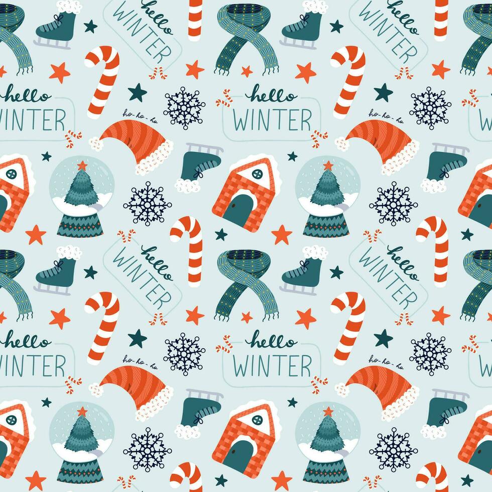 schattig Kerstmis naadloos patroon met vector hand- getrokken vakantie illustraties van sneeuw wereldbol, winter dorp huis, snoep riet en belettering. voor omhulsel papier, beddengoed, notitieboekje, pakketjes.