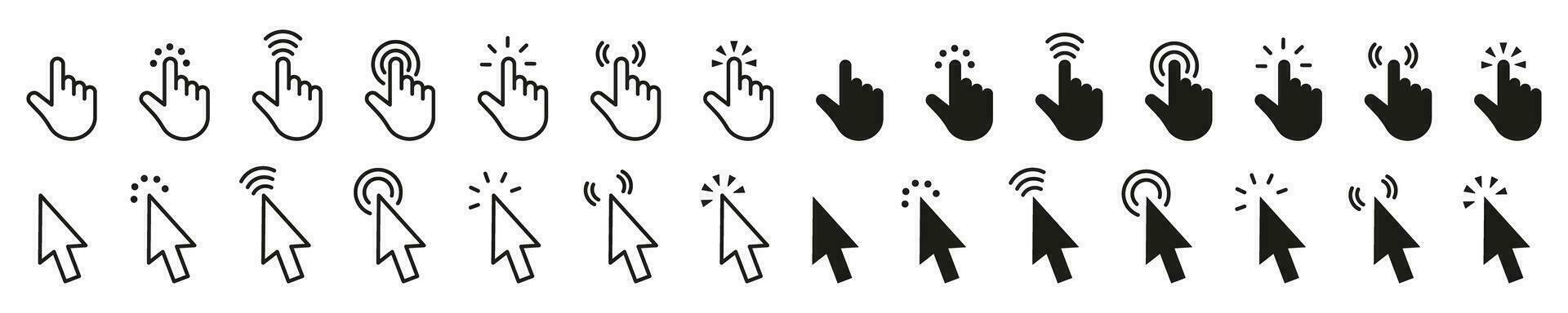 Klik cursor pictogrammen set. reeks van hand- cursor pictogrammen Klik en cursor pictogrammen Klik vector