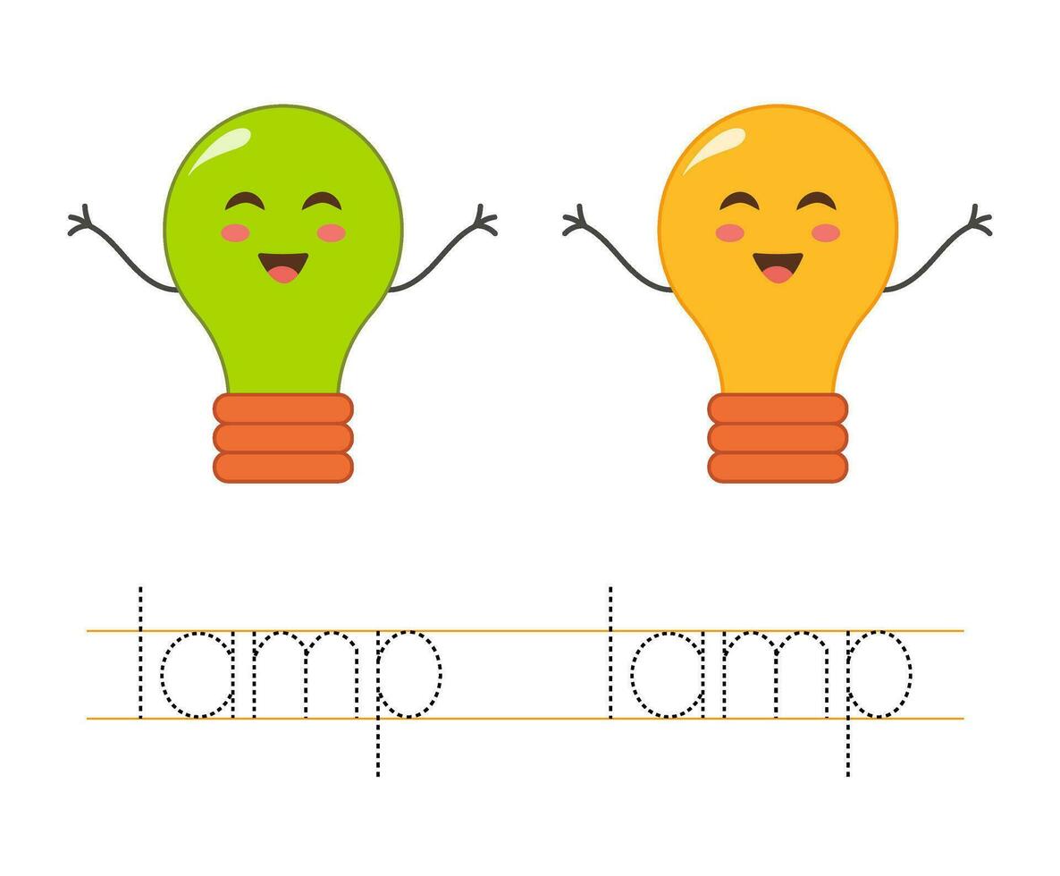 spoor woord lamp. Engels werkblad voor kinderen. tekenfilm schattig kleurrijk lampen. vector