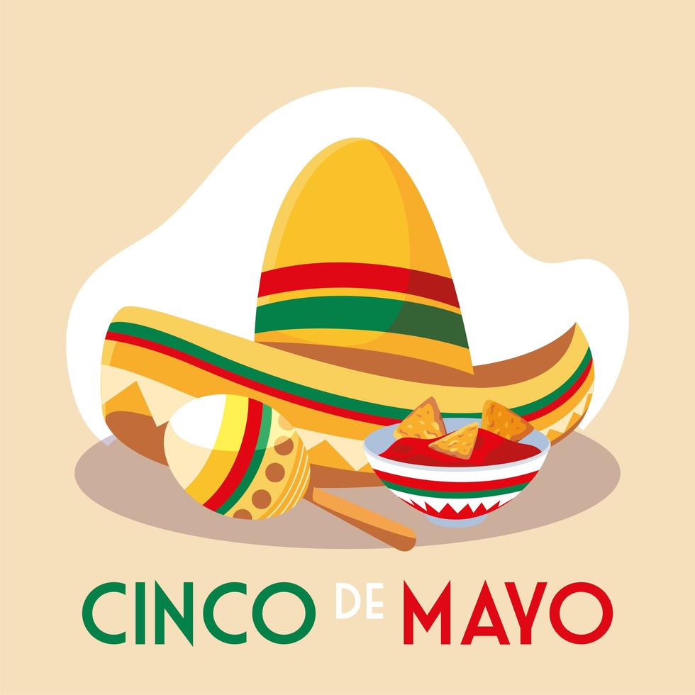 hoed mexicaans en maracas met label cinco de mayo vector