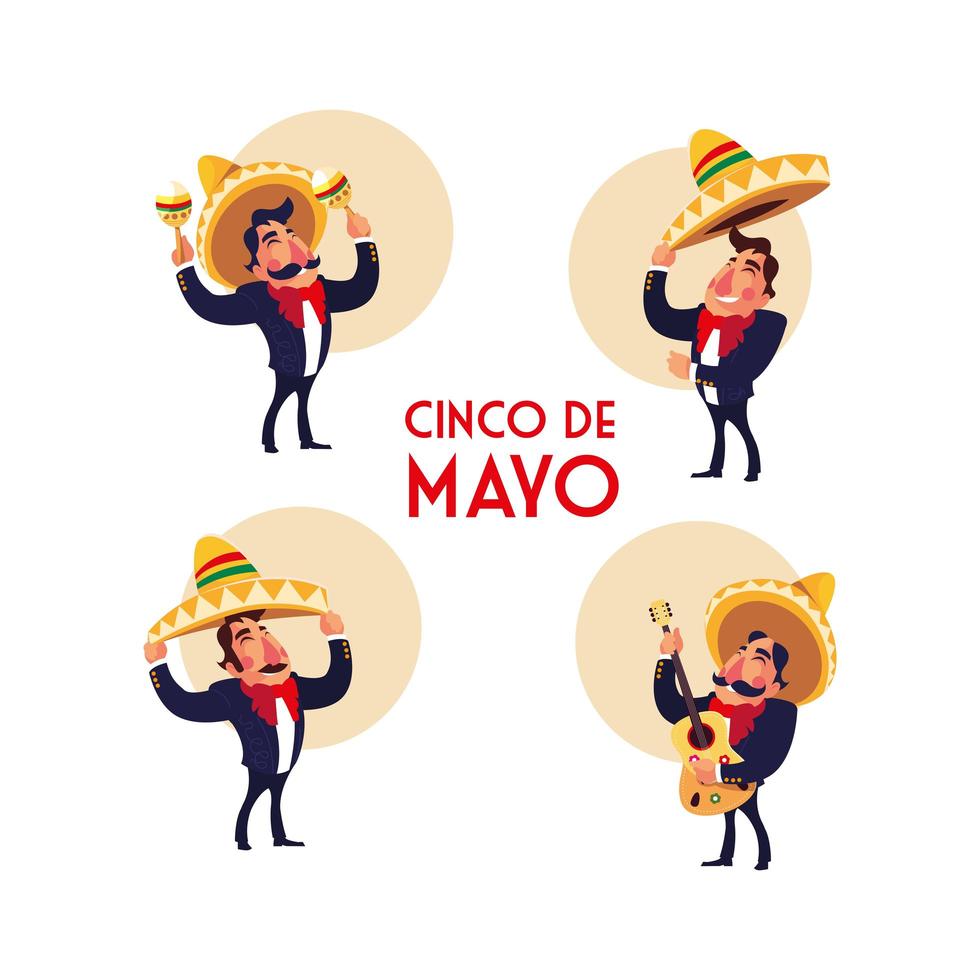 Mexicaanse mariachi met set iconen van de cinco de mayo vector