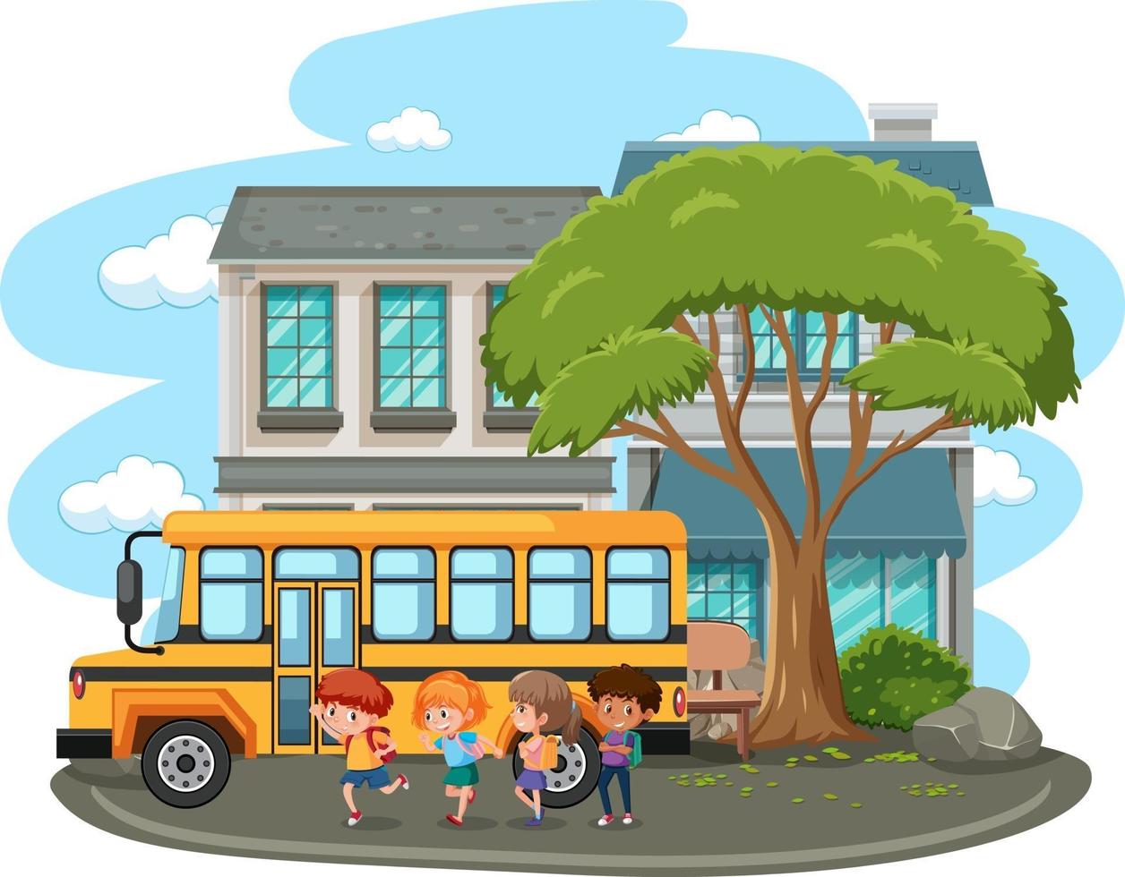 geïsoleerde buitenschoolscène met veel kinderen en schoolbus vector