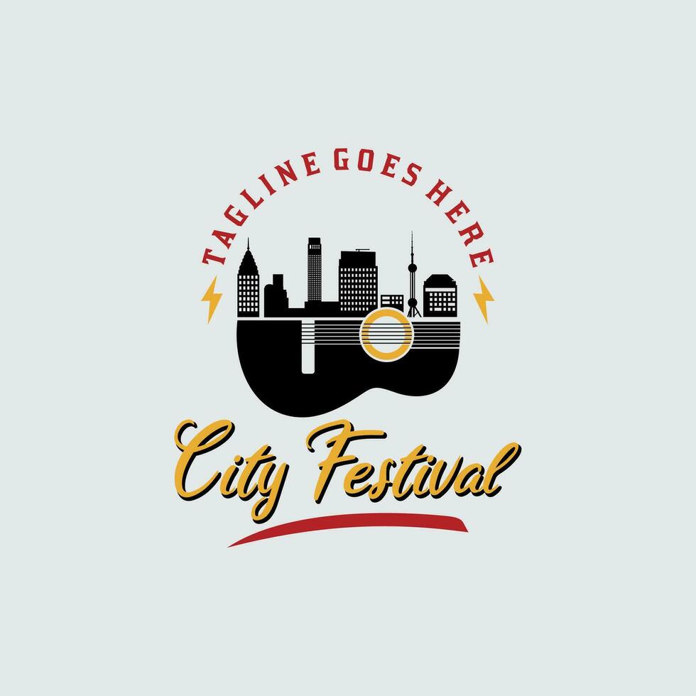 stad horizon met gitaar instrument voor muziek- fest festival logo ontwerp vector