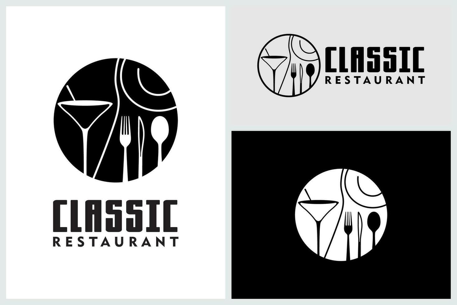 restaurant lijn kunst logo met wijn glas lepel vork bord mes glas voor dining vector