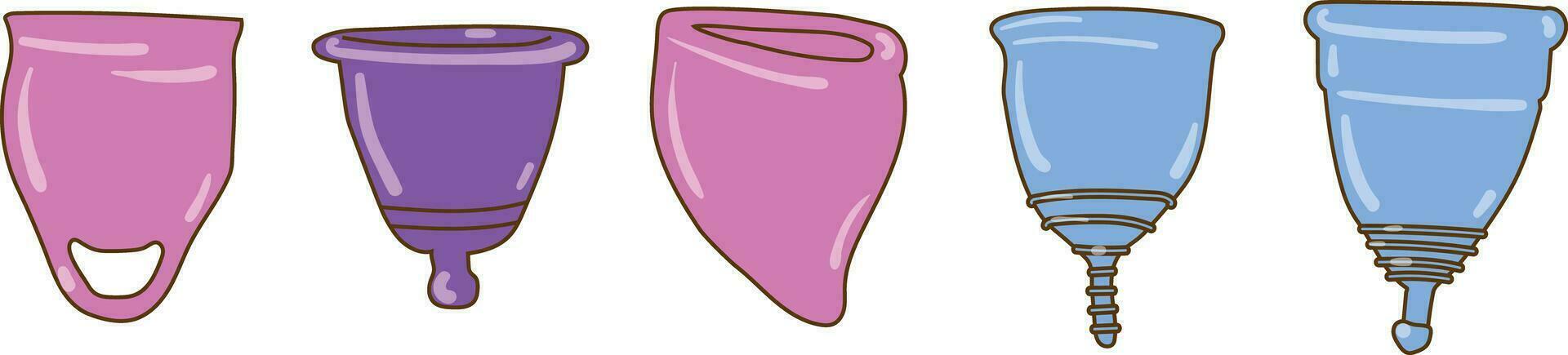 menstruatie- cups vector illustratie. tekenfilm geïsoleerd nul verspilling herbruikbaar intiem apparaten van vrouwelijk hygiëne, eco vriendelijk houder en menstruatie- kop voor menstruatie periode