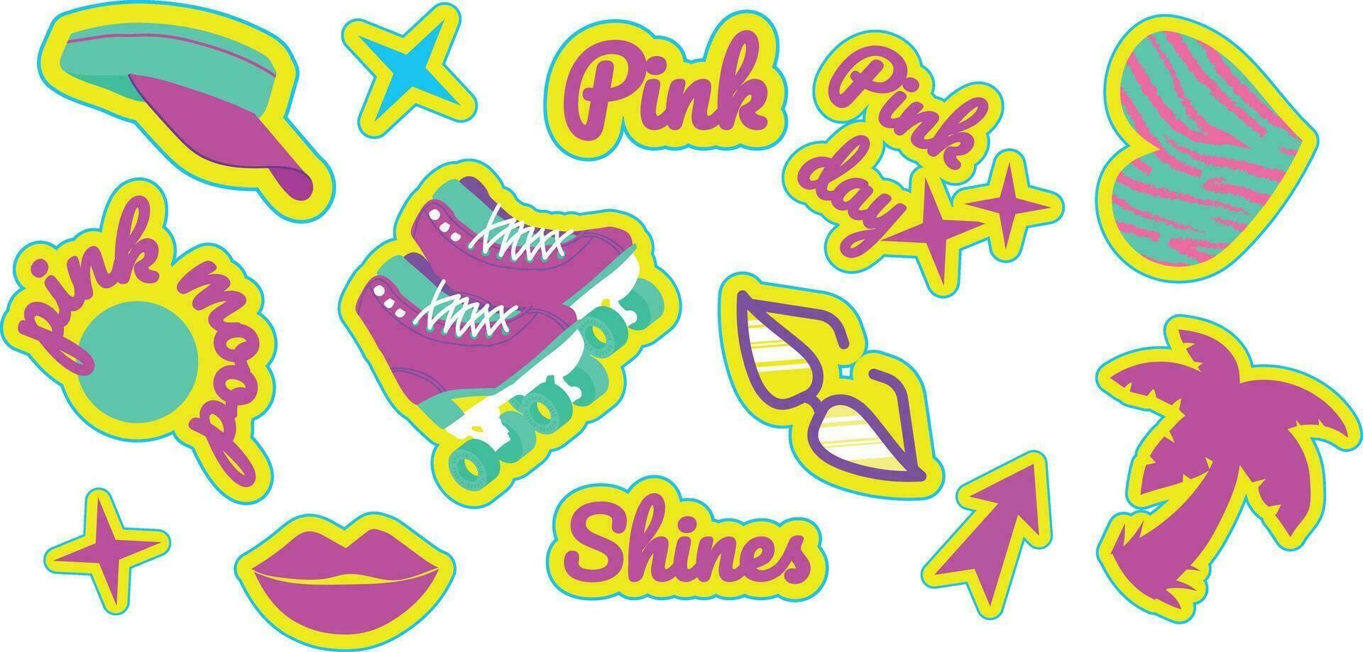 schattig helder stickers in Barbie stijl, roze minimalistisch illustraties vector