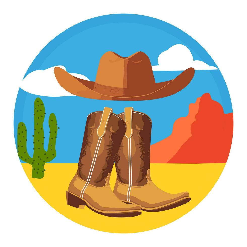 rodeo. Amerikaans cowboy laarzen en hoed in een western Arizona woestijn landschap. wild west concept. wijnoogst cowboy afdrukken. geïsoleerd vector