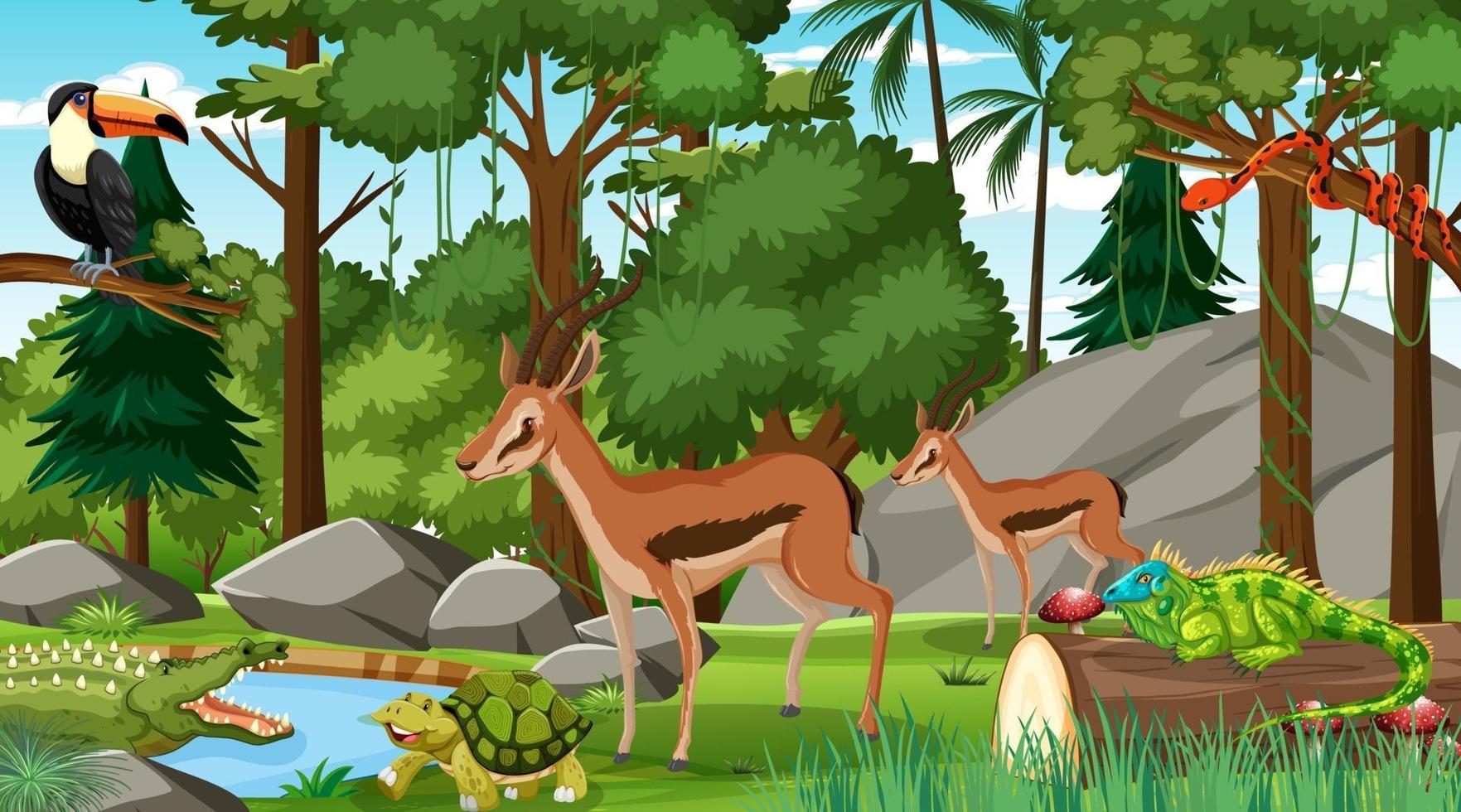 twee impala's met andere wilde dieren in het bos overdag vector
