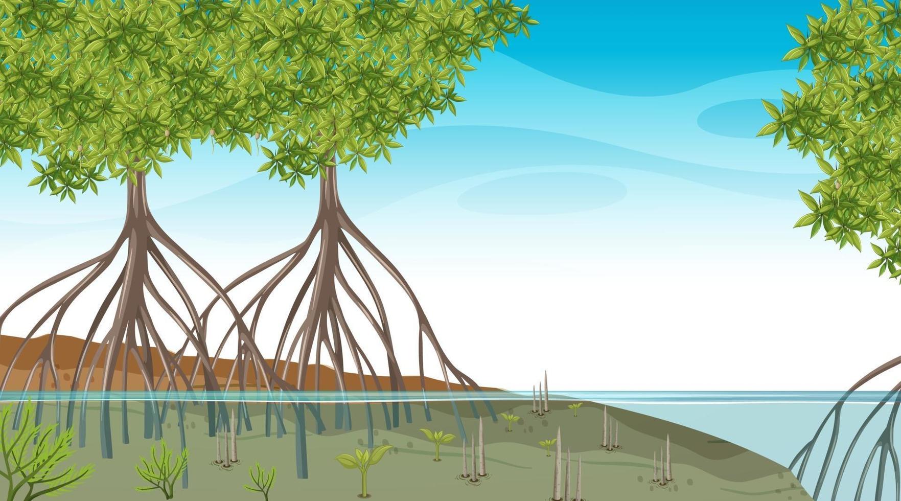 natuurtafereel met mangrovebos overdag in cartoonstijl vector