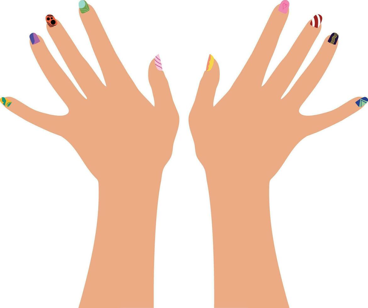 hand- getrokken vrouw handen met luxe geschilderd nagels. handen met nagel ontwerp manicure geïsoleerd Aan wit achtergrond. vector illustratie