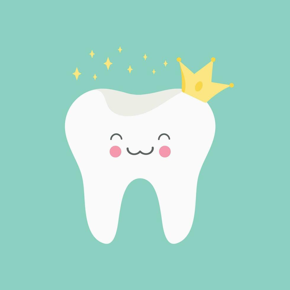 gezond en gelukkig tand. tekenfilm glimlachen tand in een kroon met goud schijnend sterren. vector illustratie